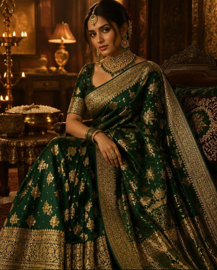 Bride in magenta Banarasi silk with gold zari