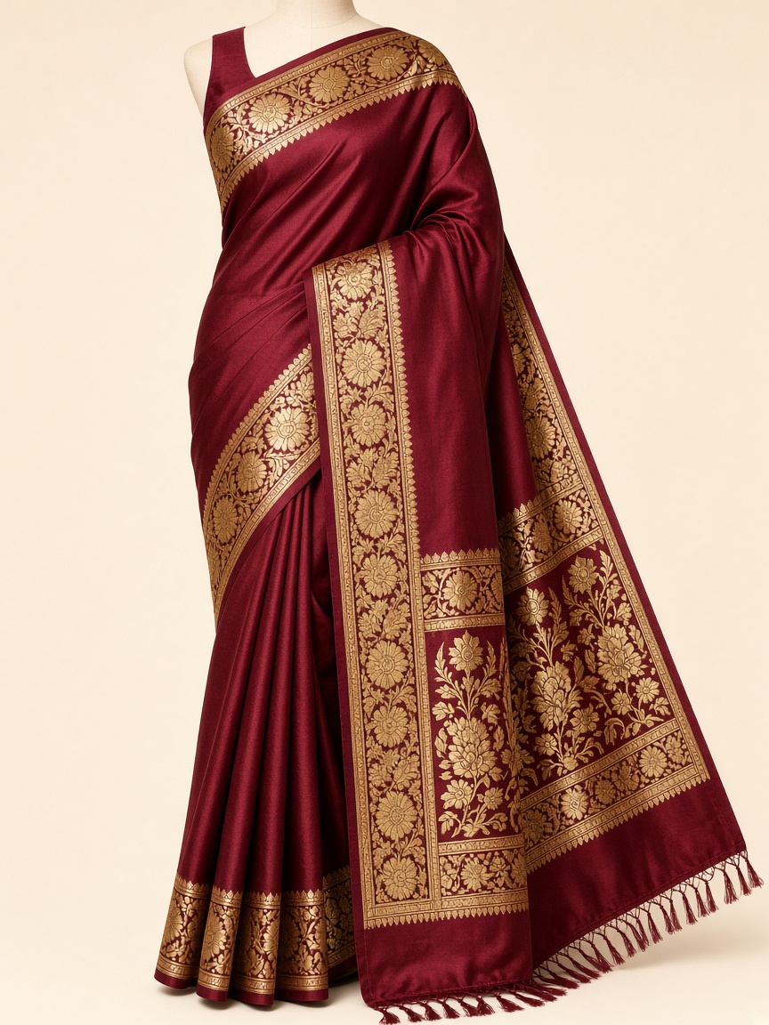 Maroon Banarasi Katan silk with gold zari border